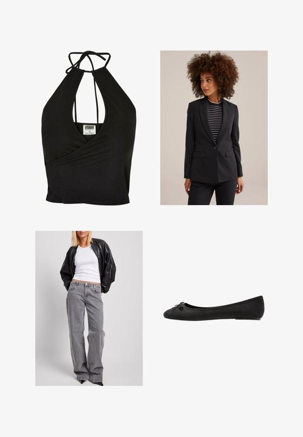 Vrouw met krullend haar, gekleed in een zwart maatpak jasje over een zwart-wit gestreepte top, kijkt opzij tegen een effen achtergrond.; Zwarte halter croptop gemaakt van een zachte stof, met een diepe V-hals en wikkelontwerp. Strikjes aan de achterkant voor een verstelbare pasvorm.; Zwart leren bomberjack, witte geribde tanktop en hoogwaisted grijze denim jeans met een losse pasvorm, subtiele stiksels en accentzakken.; Zwarte suède ballerina's met een ronde neus, voorzien van een decoratieve strik aan de voorkant en een platte zool. Glad textuur en klassieke vorm.