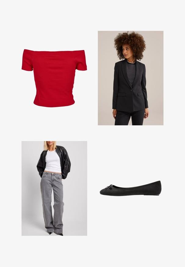 Ženska s kodrasto lasmi, oblečena v črnako krojeno blazer, ki ga nosi čez črno-belo črtasto majico, gleda na stran proti enotni ozadju.; Rde majice brez naramnic iz rebraste tkanine, ki ima kratke rokave in oprijet kroj. Gladka tekstura, enotna barva brez vzorcev.; Črna usnjena bomber jakna, bela rebrasta majica brez rokavov in siv jeans z visokim pasom, ohlapnega kroja, s subtilnim šivom in akcentnimi žepi.; Črne balerinke iz semiša z zaobljenim prstom, ki vključujejo dekorativno pentljo spredaj in ravno obliko podplata. Gladka tekstura in klasična oblika.