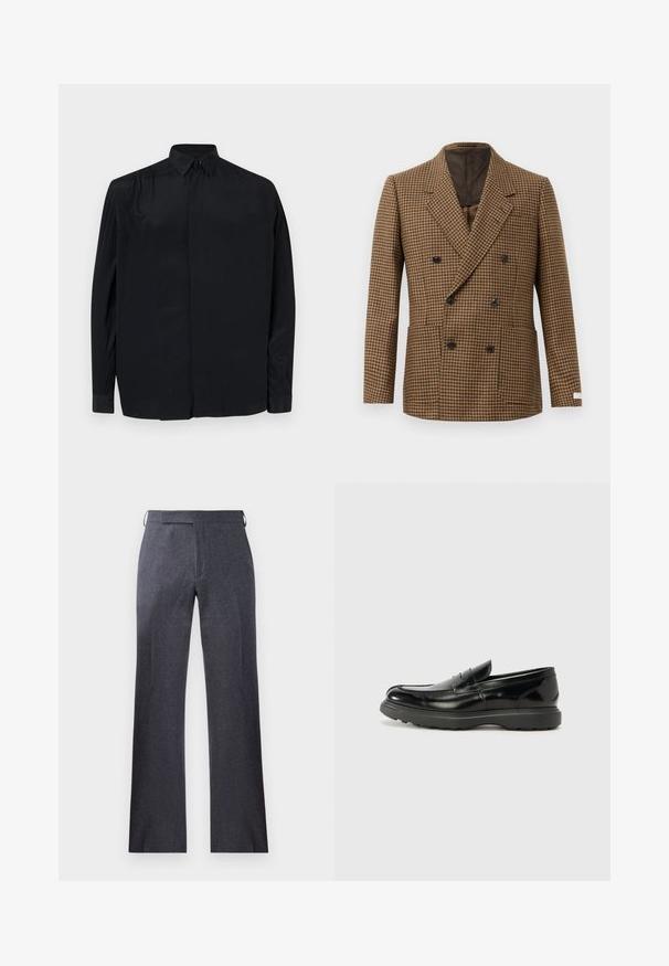 Dvigubos sagos švarkas su rudos ir juodos šunų dantų raštu, pagamintas iš tekstūruoto audinio, su juodais mygtukais ir dviem priekinių kišenėmis.; Juodas ilgas rankovėmis marškinėliai, pagaminti iš lygios medžiagos, su klasikiniais apykaklėmis, mygtukų užsegimu ir laisvu kirpimu su užlenktomis rankovėmis.; Pilki pritaikyti kelnių modeliai, pagaminti iš tekstūruoto audinio, su tiesia kirpimo linija, subtiliu raukšlėjimu ir šoninėmis juostos kilpomis diržui pritvirtinti.; Juodas odinis loaferis su blizgiu paviršiumi, apvaliu pirštu, subtiliais siūlių detalėmis ir storu guminio pado, užtikrinančio ilgaamžiškumą.