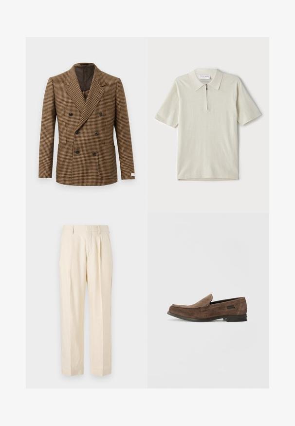 Dobbelknappet blazer med et brunt og sort houndstooth-mønster, lavet af struktureret stof, med sorte knapper og to forlommer.; Kortærmet polo shirt i lys beige med lynlås-krave. Fremstillet af glat stof, med et enkelt, moderne design uden mønstre.; NN.07 KAY - Bukser - off white; Stuart Weitzman BURT - Loafers - espresso