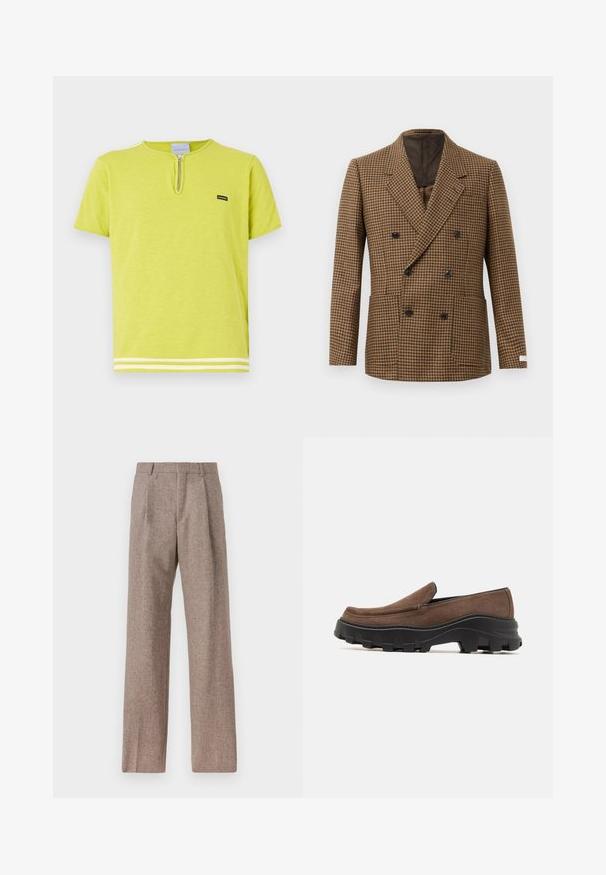 Double-breasted blazer with a brown and black houndstooth pattern, made from textured fabric, featuring black buttons and two front pockets.; Lime green t-shirt made of soft fabric featuring a zippered neckline, short sleeves, and white striped accents at the hem.; Brown, high-waisted trousers made of textured fabric. Features wide legs and two front pleats for structure. Neat finish with no visible hardware.; Brown suede slip-on shoe with a thick black rubber sole featuring bold traction patterns and a smooth, rounded toe design.