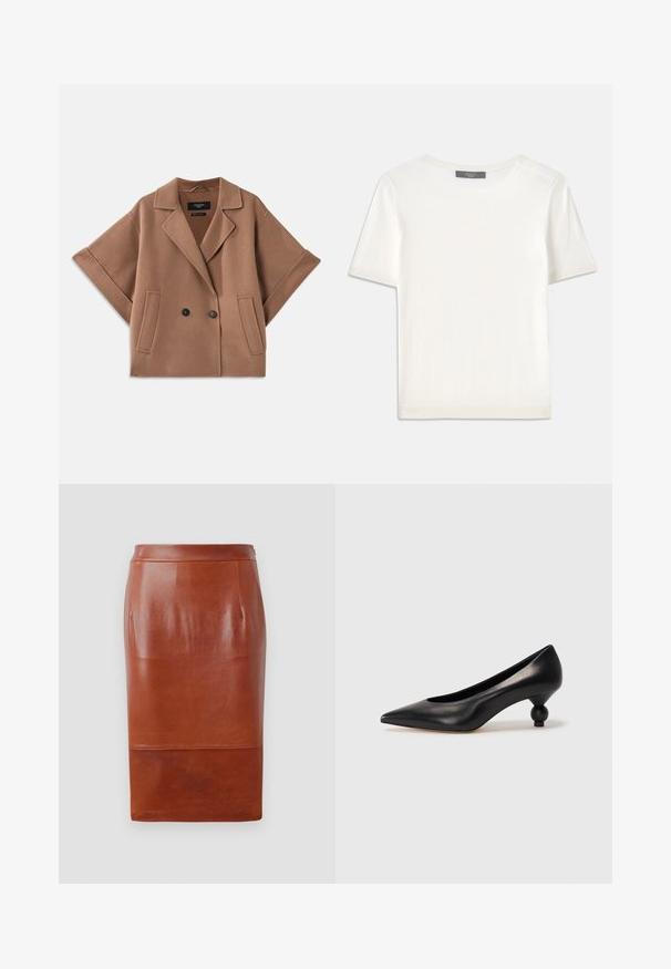 Kaksirivine pruun villasegu jope, millel on laiad varrukad, krae ja kaks esi-taskut. Sile tekstuur ja kohandatud disain.; Valge lühikeste varrukatega soonikutega viimistletud ringkaelusega kampsun, millel on sile tekstuur.; Pruun nahkne pliiatsiga seelik, millel on sile tekstuur, põlvepikkune disain ja kerge läige. Omab sobivat vöökohta ja küljetaskuid.; Must musta kõrge kontsaga king, millel on terav nina ja ümar, pallikujuline konts. Sile pind ja elegantne, minimalistlik disain.