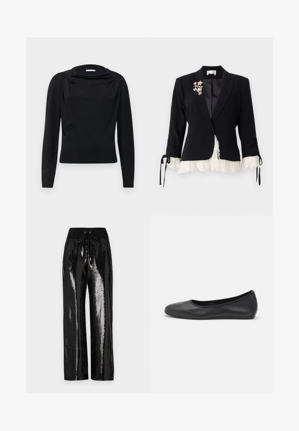 Cinq à Sept LE PETIT ROXIE - Sacou - black/ivory; Top lung cu maneci lungi, de culoare neagră, cu un decolteu drapat și o silueta ajustată, realizat dintr-un material elastic și moale. Textură netedă și design minimalist.; Pantaloni negri cu paiete, cu croi larg și talie elastică, dotată cu un șnur de ajustare. Materialul are o textură reflectorizantă și strălucitoare.; Balerini din piele neagră, cu vârf rotund, textură netedă, detalii de cusătură minimale și un design al tălpii flexibil.