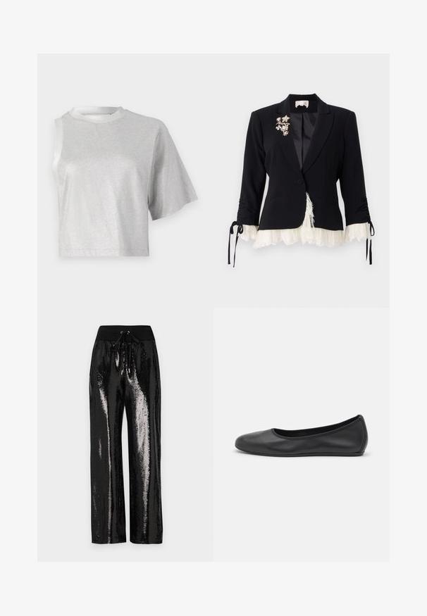 Cinq à Sept LE PETIT ROXIE - Blazer - black/ivory; Silver cropped t-shirt with short sleeves, featuring a shiny, smooth texture and a round neckline. One sleeve is asymmetrical.; Black sequined pants with a wide-leg cut and elastic waistband featuring a drawstring. The fabric has a reflective, shiny texture.; Black leather ballet flat with a rounded toe, smooth texture, minimal stitching detail, and a flexible sole design.