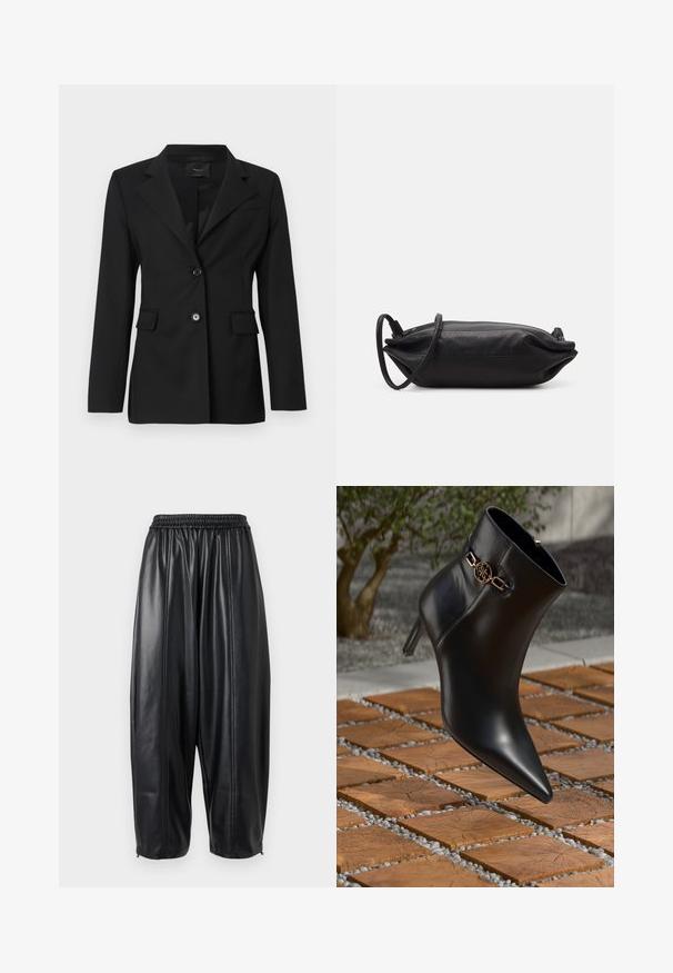 Svart skräddarsydd kavaj med skjortkrage, två framfickor och enkel knappstängning. Tillverkad av ett slätt tyg med en strukturerad passform.; Svart långärmad topp i ett lätt, texturerat material med rynkade detaljer längs ärmarna och sidsömmarna. Rundad halsringning.; Svarta läderbyxor med avslappnad passform, som har resårmidja och avsmalnande ärmar. Slät yta med sydda detaljer.; Svart läderankelstövel med spetsig tå och liten klack. Har en guldkedjeaccent vid ankeln. Omgiven av en texturerad stenytan.; Svart läderkuvertväska med rektangulär form, slät yta, tunn axelrem och minimalistisk design.