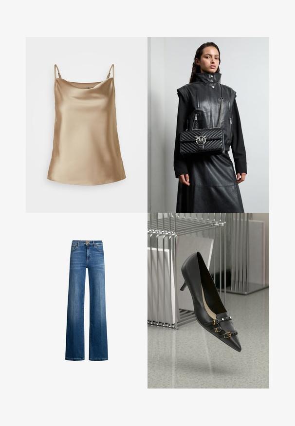 Fekete szabott zakó, hajtott gallérral, két elülső zsebbel és egy gombos záródással. Simító anyagból készült, struktúrált fazonnal.; Világos bézs selyem camisole vékony pántokkal és lágyan ráncolt dekoltájours, sima, fényes textúrával.; Indigókék farmer széles lábú nadrág, magas derekkal, ezüst hardware-rel és klasszikus öt zsebes dizájnnal. Sima textúrájú, enyhe kopással.; Fekete bőrből készült magassarkú cipő, hegyes orral, két pánttal, arany csattal és fekete stúdiókkal. Sima textúra és elegáns kialakítás.; Fekete bőr mellény magas gallérral, cipzáras zsebekkel, és egy fekete steppelt kézitáskával, amelyen ezüstszínű hardware díszítések találhatók, hosszú fekete szoknyával viselve.