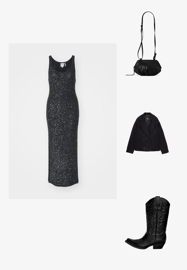 Sort dobbeltradet frakk med store revers, lange ærmer og to forlommer. Lavet af tekstureret uldblandingsstof.; Sort ærmeløs maxikjole lavet af tekstureret stof med en shimmer-effekt, med rund halsudskæring og tætsiddende silhuet.; Sorte cowboystøvler lavet af læder med spidse tæer og en buet skafter. Har dekorativ syning og en lav blokhæl.; Sort læder crossbody taske med en blød, rund form, justerbar rem og en subtil glans. Har en lynlås i toppen og en knyttet detalje.