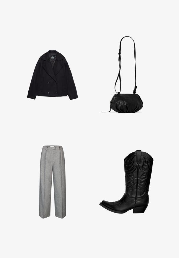 Svart dubbelknäppt kappa med stora slag, långa ärmar och två framfickor. Tillverkad av strukturerad ullblandning.; Ljusgrå kortärmad t-shirt med rundad halsringning, tillverkad av ett texturerat tyg, med raglanärmar och rak fåll.; Grå ullbyxor med vida ben, med veck, hög midja och en texturerad tyg. Skräddarsydd passform med en slät finish.; Svart cowboystövel gjord av läder med spetsig tå och böjd skaft. Har dekorativ sömnad och en låg blockklack.; Svart läderaxelväska med en mjuk, rundad form, justerbar rem och en subtil lyster. Har en högdragkedjestängning och knuten detalj.