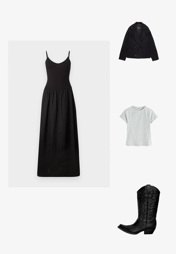 Zwarte dubbel-breasted jas met grote revers, lange mouwen en twee voorzakken. Gemaakt van een gebreide wolmix.; Lichtgrijze t-shirt met korte mouwen en een ronde halslijn, gemaakt van een gestructureerde stof, voorzien van raglanmouwen en een rechte zoom.; Zwart maxi-jurk met dunne verstelbare bandjes, fitted corsage, geplooide taille en gladde stof, die tot op de vloer reikt met een eenvoudige silhouet.; Zwarte cowboylaars van leer met een puntige neus en een gebogen schacht. Heeft decoratieve stiksel en een lage blokhak.; Zwart leren crossbody tas met een zachte, ronde vorm, verstelbare schouderriem en een subtiele glans. Voorzien van een bovenste ritssluiting en een geknoopte accent.