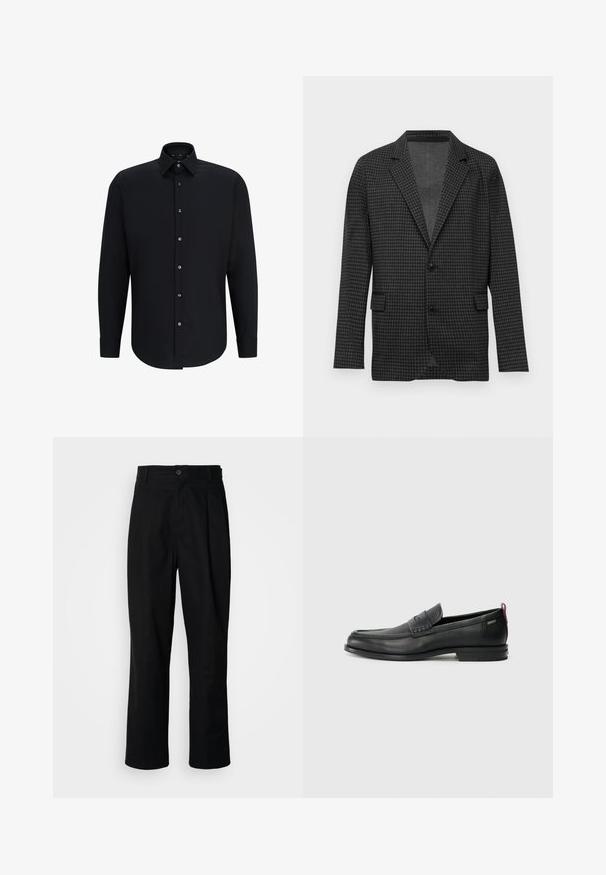 Sakou s uzorkom tamnog sivog kariranog uzorka houndstooth s reverima, dva crna dugmeta i prednjim džepovima s preklopom, prikazan na jednostavnoj bijeloj pozadini.; Crna košulja dugih rukava od glatke tkanine, s oštrim ovratnikom i prednjim dijelom na kopčanje s šest metalnih dugmadi i podesivim manžetama.; Crne hlače ravnog kroja s pojasom na dugmad, špicevima za remen i prednjim pregibom, prikazane na čisto bijeloj pozadini.; Crne kožne loafere s teksturiranim prednjim panelom i glatkim stranama. Imaju uski petu i stražnju petlju za lakše obuvanje. Klasičan dizajn.