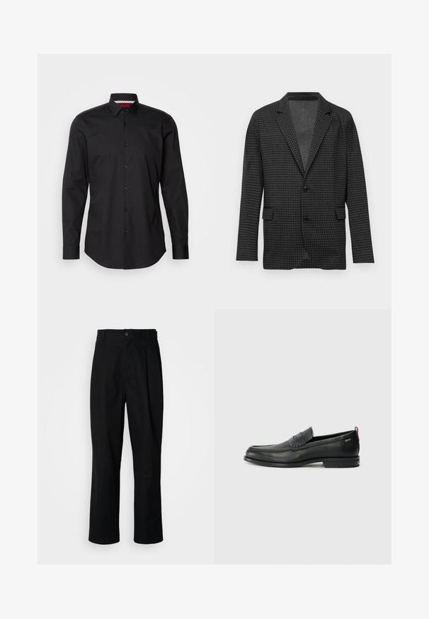 Mørkegrå hounds-tooth mønstrete blazer med klappeslag, to svarte knapper og frontlommer, vist på en enkel hvit bakgrunn.; Svart skjorte med lange ermer, klassisk krage og synlig knappestolpe. Inne i kragen er det et rødt og hvitt mønster.; Sorte bukser med rette ben, med knappet liv, belteholdere og frontfold, vist mot en enkel hvit bakgrunn.; Svarte lær loafers med teksturert frontpanel og glatte sider. Har en slank hæl og bakløkke for enkel påkledning. Klassisk design.