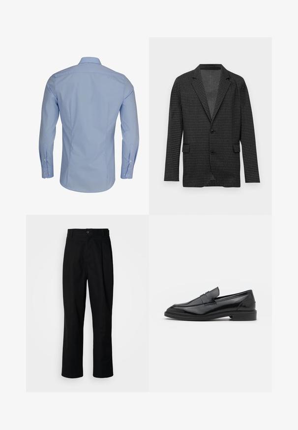 Tumehall houndstooth mustriga bleiser, millel on nurgelapid, kaks musta nupud ja ees täispöördunud taskud, eksponeeritud valgel taustal.; Heled sinine pikkade varrukatega särk nupuga kraega, millel on sile tekstuur ja kehasse istuv lõige, esitleb valgeid nööpe.; Mustad sirged püksid nuppudega vöökoht, vöölõngad ja eesmine voldik, esitatud lihtsa valge tausta ees.; Mustad nahast loafers, millel on sile viimistlus, ümar varvas ja kitsas riba peal. Madal kühveldatud konts.