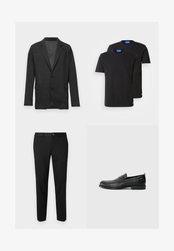 Tumši pelēks ķinķēžu raksta bleizeris ar izgriezumiem, divām melnām pogām un priekšējām kabatām, izstādīts uz vienkārša balta fona.; Divas melnas kokvilnas T-kreklus ar apaļiem kakla izgriezumiem, īsām piedurknēm un ziliem "HUGO" uzrakstiem uz apkaklēm un sānu malām.; Melni bikses, kas izgatavotas no gludas auduma. Tām ir taisna piegriezne, plakans priekšpuses dizains un pogu aizdare ar vienkāršu jostas dizainu.; Melni ādas loafers, ar teksturētu priekšējo paneli un gludām malām. Ar šauru papēdi un aizmugurējo cilpu vieglai uzlikšanai. Klasisks dizains.