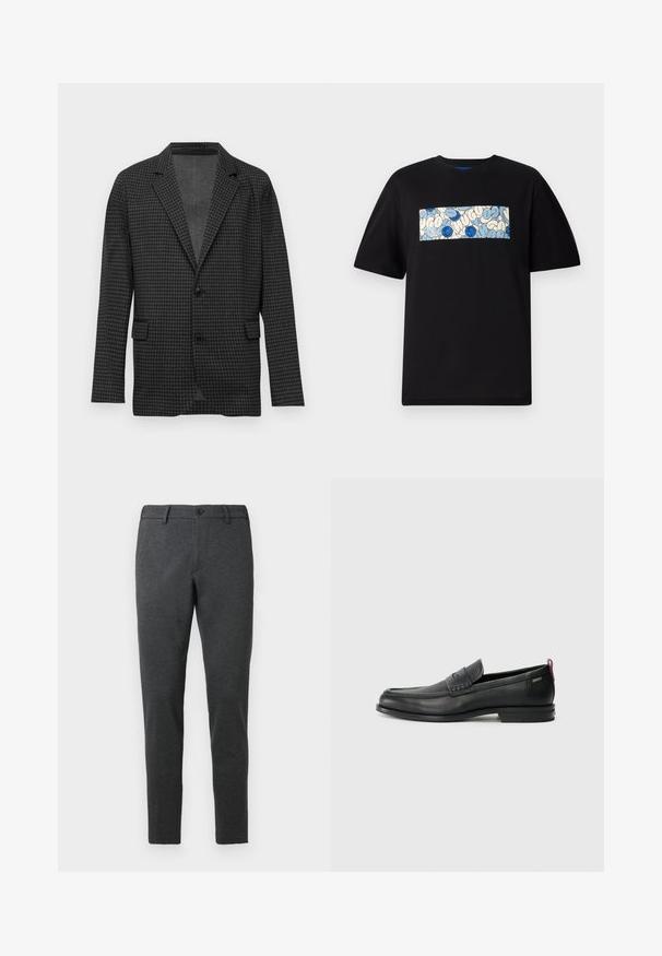 Blazer de patrón de espiga en gris oscuro con solapas en pico, dos botones negros y bolsillos con solapa en la parte frontal, presentado sobre un fondo blanco plano.; Camiseta de algodón negra con un gráfico rectangular en azul y crema, con patrones circulares y garabatos, diseñada para un ajuste relajado.; Pantalones gris oscuro hechos de una tela texturizada. Diseño ajustado con pierna recta, con un cierre de botón y trabillas para cinturón.; Mocasines de cuero negro con un panel frontal texturizado y laterales lisos. Presenta un tacón delgado y un lazo trasero para facilitar su uso. Diseño clásico.