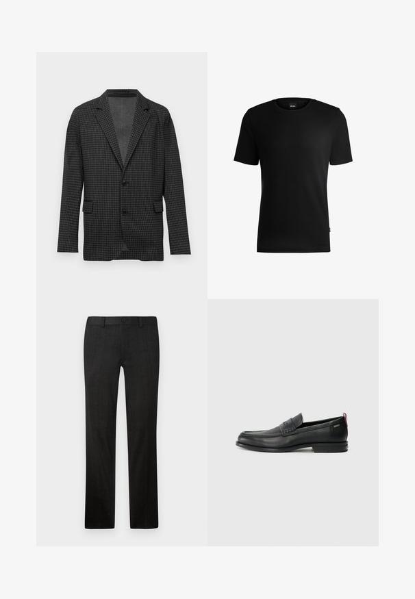 Sacou din fibră de lână cu model negru pe gri în carouri, cu rever în formă de nasture, două butoane negre și buzunare frontale cu clapetă, expus pe un fundal alb simplu.; Tricou negru cu mânecă scurtă, realizat dintr-un material texturat, cu decolteu rotund. Are un etichetă cu logo pe partea inferioară.; Pantaloni negri eleganți dintr-un material texturat, cu un design cu picior drept, fermoar frontal și închidere cu buton.; Loafers din piele neagră cu un panou frontal texturat și laterale netede. Dispune de un toc subțire și o buclă în spate pentru o purtare ușoară. Design clasic.