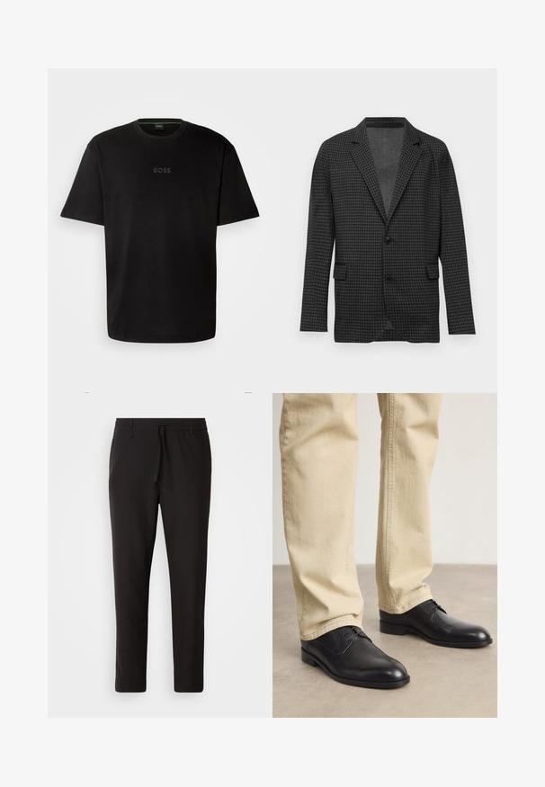 Sötét szürke houndstooth minta nélküli zakó, kivágott hajtókával, két fekete gombbal és elülső hajtókás zsebekkel, sima fehér háttér előtt bemutatva.; Fekete pamut póló kerek nyakkal, rövid ujjakkal és a középen diszkrét "BOSS" logóval. Egyszerű, minimalista dizájn.; Fekete jogger nadrág sima anyagból. Rugalmas derekú, húzózsinórral, tapered lábakkal és látható zsebek nélkül készül. Egyszerű dizájn.; Fekete bőrfűzős cipő kerek orral, sima felülettel és finom varrási részletekkel, világos bézs nadrággal viselve.