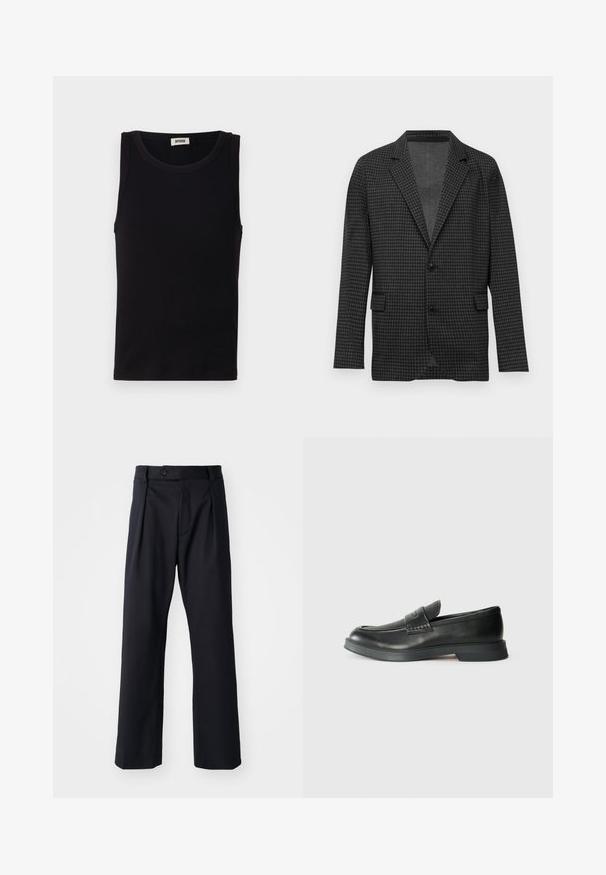 Sötét szürke houndstooth minta nélküli zakó, kivágott hajtókával, két fekete gombbal és elülső hajtókás zsebekkel, sima fehér háttér előtt bemutatva.; Fekete ujjatlan trikó, puha pamutból készült. Kerek nyakkivágással és egyenes szabással rendelkezik, minimális varrási részletekkel.; Fekete nadrág sima anyagból, egyenes lábú fazonnal, elöl redőkkel és egy gombbal záródó derékkal.; Fekete bőr mokaszin, texturált felsőrésszel, lapos talppal és dombornyomott részletekkel. Egyszerű dizájn és kerek orr jellemzi.