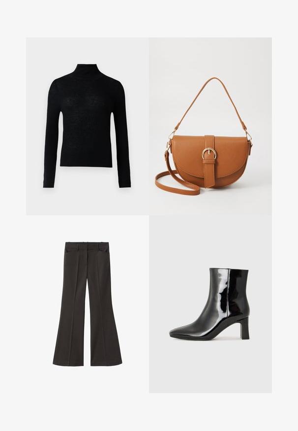 Zwarte cropped blazer met een gelapt kraag, enkele knoopsluiting, twee voorzakken en een gladde stofstructuur.; Zwarte geribbelde coltrui met lange mouwen en een aansluitende pasvorm. Gemaakt van gebreide stof, de textuur lijkt iets doorschijnend.; Zwarte flared broek met een hoge taille; beschikt over twee voorkeurszakken en een gladde stoftextuur. Geschikt voor verschillende gelegenheden.; Zwarte gepolijste leren enkellaars met een spitse neus en een blokhak van gemiddelde hoogte. Glad textuur en minimalistisch ontwerp.; Bruine leren schoudertas met een gebogen vorm, gouden hardware en een gespaccent. Bevat een afneembare schouderriem.