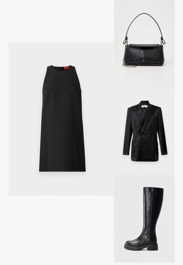 Juodas satino dvigubas švarkas su iškiliais atvartais, keturiais tlaikais, dviem kišenėmis su atvartais ir krūtine kišene, pažymėtas "Filippa K."; Juoda suknelė be rankovių su aukštu apykakle, lygaus audinio, laisvos silueto ir subtiliu raudonu etikete nugarinėje pusėje.; Juodi iki kelių siekiantys batai, pagaminti iš lygaus odos, su apvalia nosimi ir masyviais guminiais padais su protektoriaus raštais, užtikrinančiais sukibimą.; Juodas lakinės odos rankinės ilgis stačiakampis, su grandinėlės dirželiu ir išskirtiniu metaliniu akcentu centre. Lygus paviršius.