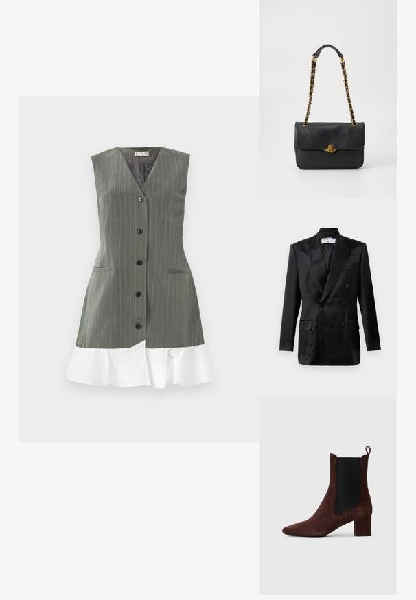 Czarna satynowa marynarka dwurzędowa z ząbkowanymi klapami, czterema guzikami, dwiema kieszeniami z klapką oraz kieszenią na piersi, oznaczona etykietą "Filippa K."; Sukienka bez rękawów w szary paski z czarnymi guzikami z przodu i białym falbaniastym wykończeniem na jednolitym tle.; Ciemnobrązowy zamszowy botek za kostkę z blokowym obcasem, czarną elastyczną wstawką po bokach i pętelką z tyłu na jasnym tle.; Czarna skórzana torebka z klapą, złotym łańcuszkiem i detalami z logo z przodu. Gładka tekstura.