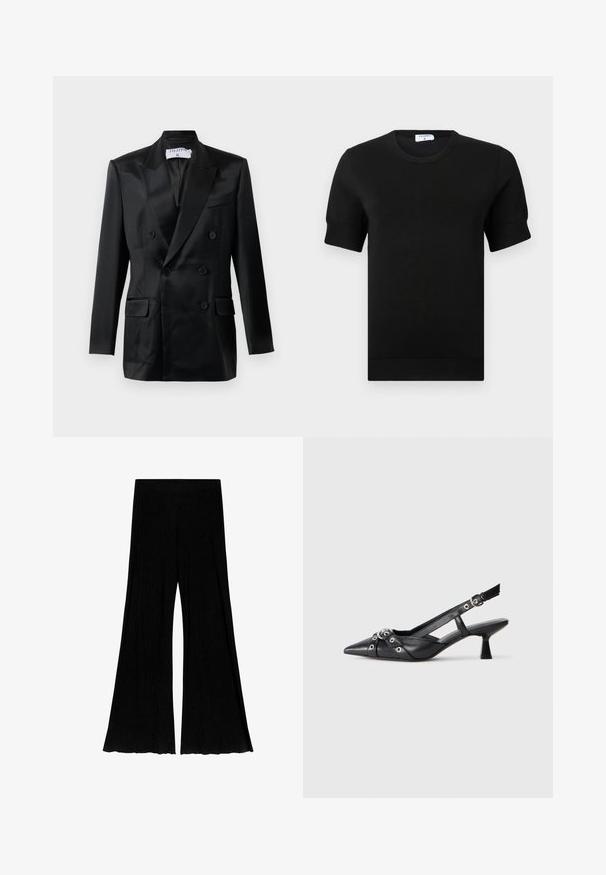 Črn satenski dvojno zapnjen suknjič z ostrimi reverji, štirimi gumbi, dvema žepoma z poklopcem in žepom na prsih, označen "Filippa K."; Črna kratka pletena majica s kratkimi rokavi in okroglim izrezom. Na rokavih in spodnjem robu ima diskretne rebraste detajle, izdelana je iz gladkega materiala.; Črne široke hlače iz rebrastega materiala. Imajo visok pas in razširjen spodnji del, kar zagotavlja tekočo silhueto.; Črne usnjene sandale središnje zaponke z ostro konico, okrasnimi trakovi z kovinskimi očesi in nizko blokasto peto. Teksturirana površina.