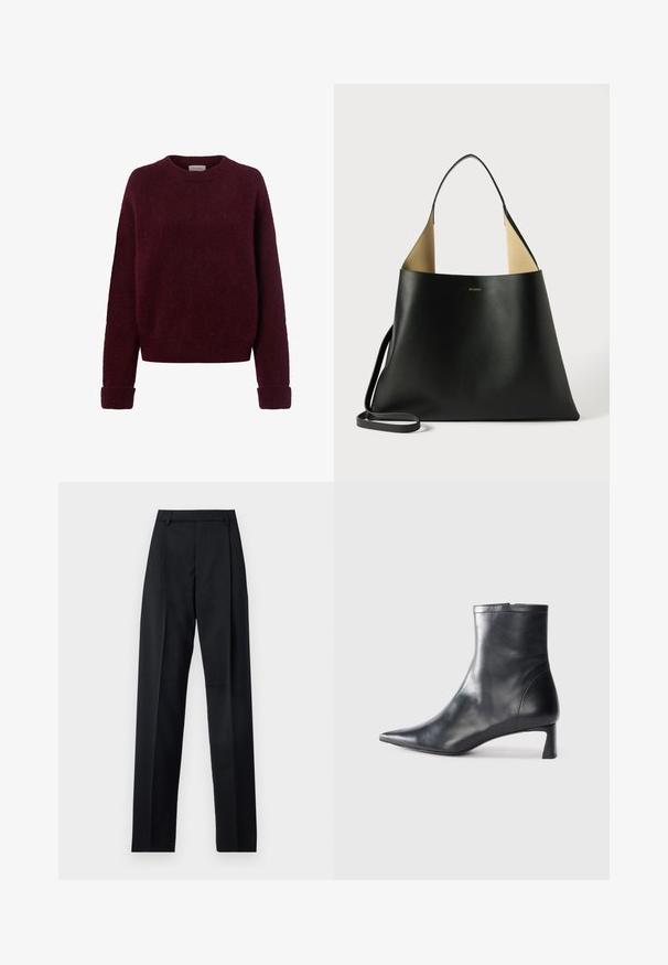 Juodas satino dvigubas švarkas su iškiliais atvartais, keturiais tlaikais, dviem kišenėmis su atvartais ir krūtine kišene, pažymėtas "Filippa K."; Bordo megztinis, pagamintas iš minkštos, pūkuotos medžiagos. Apvalus iškirpimas, raukiniai rankogaliai ir apačia. Laidūs siluetas su minimaliai siūlėmis, suteikiantis jaukią išvaizdą.; Juodos kelnės iš lygaus audinio, pasižyminčios aukštu liemeniu, plačiomis kojomis, priekinėmis klostėmis ir klasikiais diržo kilpomis. Šoninių kišenių nematyti.; Juodas odinis kulkšninis batas su smailiu pirštu ir elegantišku dizainu. Turi žemą kulną ir užtrauktuką gale. Lygi tekstūra.; Juodas odinis rankinės modelis su erdviu, kampuotu dizainu. Yra kontrastinga tan spalvos vidinė dalis ir plona petneša. Minimalistinis prekių ženklo ženklas.