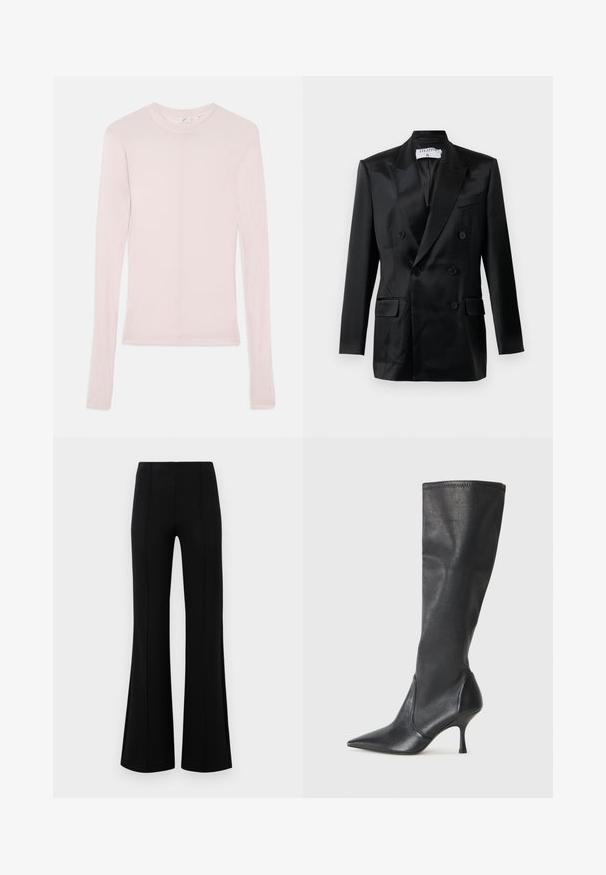 Blazer preto em satin de duplo botão com lapelas acentuadas, quatro botões, dois bolsos com aba e um bolso no peito, rotulado "Filippa K."; Camisa de manga longa rosa claro, feita de um tecido macio, com um clássico decote redondo e um design ajustado. Sem padrões ou detalhes visíveis.; Calças pretas de boca de sino com uma cintura alta, feitas de um tecido elástico. Apresentam detalhes de costura vertical na frente e uma textura suave.; Botas de couro pretas até ao joelho, com bico apontado e um salto stiletto fino. Textura suave com design ajustado e costura na borda superior.