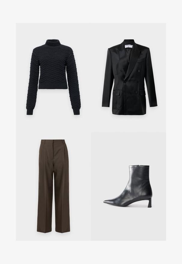 Juodas satino dvigubas švarkas su iškiliais atvartais, keturiais tlaikais, dviem kišenėmis su atvartais ir krūtine kišene, pažymėtas "Filippa K."; Tamsiai mėlynas megztas golfo megztinis, su zigzago tekstūra, ilgomis rankovėmis ir įr stormsų apykakle bei rankogaliais, suteikiančiais tvirtą prigludimą.; Rudos platesnios kelnės su lygiu paviršiumi, turinčios aukštą liemenį, priekinės klostes ir pritaikytą dizainą. Nėra matomų kišenių ar puošmenų.; Juodas odinis kulkšninis batas su smailiu pirštu ir elegantišku dizainu. Turi žemą kulną ir užtrauktuką gale. Lygi tekstūra.