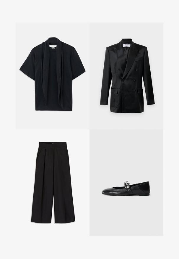 Zwarte satijnen dubbelbreasted blazer met puntsla lapels, vier knopen, twee klepzakken en een borstzak, gelabeld "Filippa K."; Zwart t-shirt met korte mouwen en een gedrapeerde sjaaldetail bij de halslijn. Zachte stof, relaxte pasvorm en losse silhouet.; Zwarte wijde broek met plooien, riemlussen en zijzakken. Gladde stof met een elegante afwerking. Geen zichtbare hardware of patronen.; Zwarte leren balletschoenen met een spitse neus, voorzien van een band met een ronde metalen gesp en een platte zool.