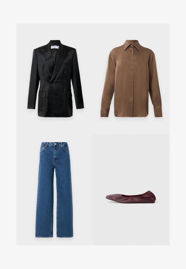 Černý saténový dvouřadý blejzr s špičatými klopami, čtyřmi knoflíky, dvěma klopovými kapsami a náprsní kapsou, označený "Filippa K."; Hnědá košile s dlouhým rukávem, zapínaná na knoflíky, s špičatým límcem a manžetami, vystavená na jednobarevném bílém pozadí.; Modré džíny s vysokým pasem a širokými nohavicemi, s předním zapínáním na knoflík a zip, předními kapsami a poutky na opasek na bílém pozadí.; Balerína v tmavě burgundské kůži, se zaoblenou špičkou, elastickým lemem a hladkou texturou s jemným řasením.