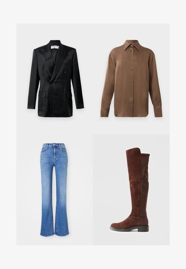 Črn satenski dvojno zapnjen suknjič z ostrimi reverji, štirimi gumbi, dvema žepoma z poklopcem in žepom na prsih, označen "Filippa K."; Rjav dolg rokav s srajco s gumbi in koničastimi ovratniki in manšetami, prikazana na enostavni beli podlagi.; Hlače z visokim pasom in širokimi hlačnicami, izdelane iz svetlo modrega denima. Vključujejo pet žepov, zadrgo in strgane robove. Teksturo tkanine z zbledelostjo.; Visoka rjava z vodoodpornim materialom in tkanino, z nizkim črnim peto in zaobljenim nosom, prikazana v bočnem pogledu na eni barvni beli podlagi.