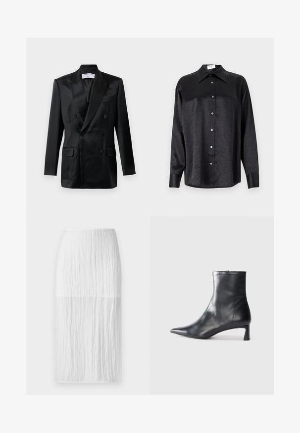 Blazer noir en satin à double boutonnage avec des revers en pointe, quatre boutons, deux poches à rabat et une poche poitrine passepoilée, étiqueté "Filippa K."; Chemise noire à manches longues avec un col, présentant une texture froissée, une fermeture à boutons sur le devant et des poignets. Fabriquée en tissu lisse.; Jupe blanche jusqu'aux genoux en tissu texturé avec des plis verticaux, dotée d'une taille lisse et d'une silhouette droite.; Bottine en cuir noir avec un bout pointu et un design épuré. Présente un petit talon et une fermeture éclair à l'arrière. Texture lisse.