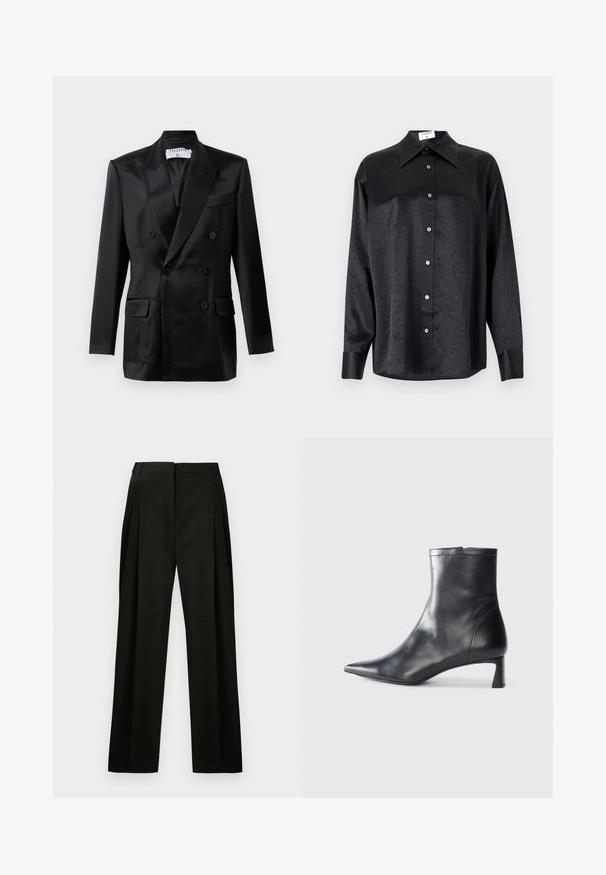 Black satin double-breasted blazer with peaked lapels, four buttons, two flap pockets, and a chest welt pocket, labeled "Filippa K."; Black long-sleeve shirt with a collared neckline, featuring a crinkled texture, full button front, and cuffs. Made from a smooth fabric.; Black wide-leg trousers with a textured fabric, featuring front pleats and a clean, tailored waistband. No visible pockets or embellishments.; Black leather ankle boot with a pointed toe and a sleek design. Features a low heel and a zipper closure at the back. Smooth texture.
