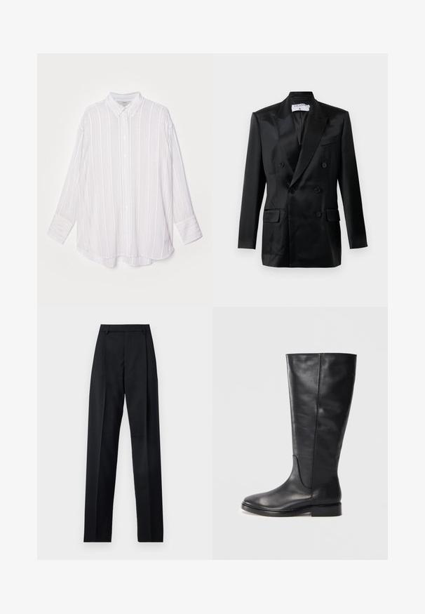 Black satin double-breasted blazer with peaked lapels, four buttons, two flap pockets, and a chest welt pocket, labeled "Filippa K."; White long-sleeve shirt with vertical light gray stripes, button-down collar, and roll-up cuffs. Soft fabric with a slightly oversized fit.; Black trousers made from smooth fabric featuring a high waist, wide legs, front pleats, and classic belt loops. No side pockets visible.; Black knee-high leather boot with a low heel and rounded toe, showing stitching details along the shaft and vamp.