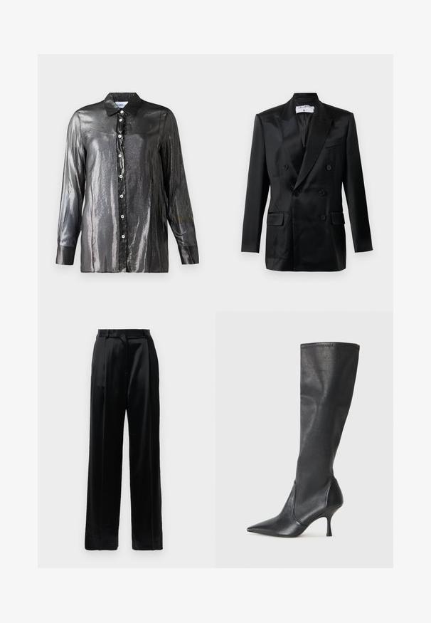 Blazer de satén negro de corte cruzado con solapas en pico, cuatro botones, dos bolsillos con solapa y un bolsillo en el pecho, etiquetado "Filippa K."; Camisa negra, brillante, de botones con textura lustrosa, mangas largas y cuello clásico. Presenta botones blancos en la parte delantera.; Pantalones de satén negros de tiro alto con piernas anchas rectas, presillas para cinturón y cierre frontal plano sobre un fondo blanco liso.; Botas de cuero negro hasta la rodilla con punta afilada y tacón de aguja delgado. Textura suave con un diseño ajustado y costuras en el borde superior.