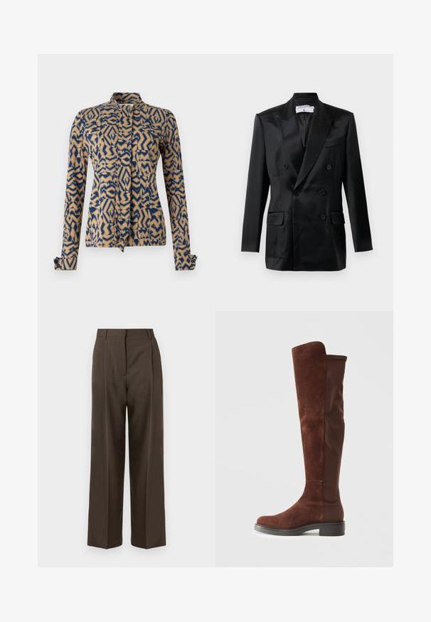Blazer din satin negru, cu două rânduri de nasturi, rever ascuțit, patru nasturi, două buzunare cu clapetă și un buzunar pe piept, etichetat "Filippa K."; Jachetă cu model în albastru marin și bej, având desene geometrice. Mâneci lungi cu manșete cu nasturi, guler mandarin și închidere cu fundă în față.; Pantaloni largi maro, cu o textură netedă, având talie înaltă, plisse pe față și un design croitorie. Fără buzunare vizibile sau decorațiuni.; Botă înaltă din suede și țesătură maro, cu toc negru jos și vârf rotund, prezentată dintr-o laterală pe un fundal alb simplu.