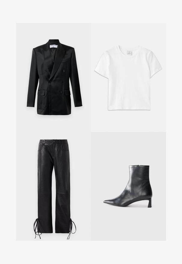 Black satin double-breasted blazer with peaked lapels, four buttons, two flap pockets, and a chest welt pocket, labeled "Filippa K."; White cotton t-shirt with a crew neck, short sleeves, and a straight hem. Tag labeled "Won Hundred" at the center of the neckline.; Black leather trousers featuring a slightly textured finish, straight-leg cut, and adjustable laces at the hem for customizable fit.; Black leather ankle boot with a pointed toe and a sleek design. Features a low heel and a zipper closure at the back. Smooth texture.