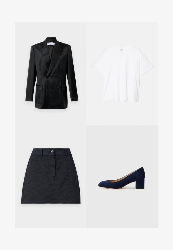 Czarna satynowa marynarka dwurzędowa z ząbkowanymi klapami, czterema guzikami, dwiema kieszeniami z klapką oraz kieszenią na piersi, oznaczona etykietą "Filippa K."; Biała bawełniana koszulka z krótkim rękawem, okrągłym dekoltem, luźnym krojem i przeszytym brzegiem. Metka widoczna wewnątrz dekoltu.; Czarna spódnica z teksturowanym wzorem, z przodem zapinanym na guziki, dwiema kieszeniami oraz dopasowanym krojem. Wykonana z trwałego materiału.; Granatowe zamszowe szpilki z ostrym noskiem i średniej wysokości blokowym obcasem. Gładka tekstura z subtelnym połyskiem i małym wycięciem z przodu.