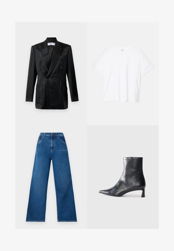 Melnas satīna divrindiņas žakete ar izvirzītu apkakli, četriem pogām, divām atloka kabatām un krūšu kabatu, ar etiķeti "Filippa K."; Balta kokvilnas T-krekls ar īsām piedurknēm, apaļu dekoltē, brīva piegriezuma un šūtu apakšmalu. Etiķete redzama iekšējā kakla daļā.; Lielās kāju džinsi tumši zilos denimos ar augsto jostasvietu, ar priekšējām un aizmugurējām kabatām, kā arī kontrastējošām dūriena detaļām.; Melnas ādas potītes zābaki ar norādītu pirkstu un elegantu dizainu. Iezīmē zemu papēdi un rāvējslēdzēja aizdari aizmugurē. Gluda tekstūra.