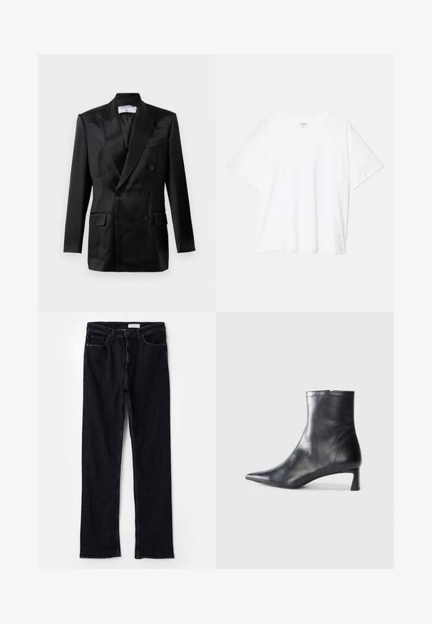 Fekete selyemhatású, dupla soros blézer csúcsos hajtókákkal, négy gombbal, két fedeles zsebbel és egy mellkasi zsebbel, felirata: "Filippa K."; Fehér pamut póló rövid ujjal, kerek nyakkivágással, laza fazonnal és varrott szegéllyel. Címke látható a belső nyakrészén.; Sötét mosott farmernadrág egyenes szárú szabással, öt zsebbel és klasszikus derékkal. Öltögetett részletek. Nincs látható márkajelzés.; Fekete bőr bokacsizma hegyes orral és letisztult dizájnnal. Alacsony sarka és hátsó cipzáras záródása van. Simának tűnő textúra.