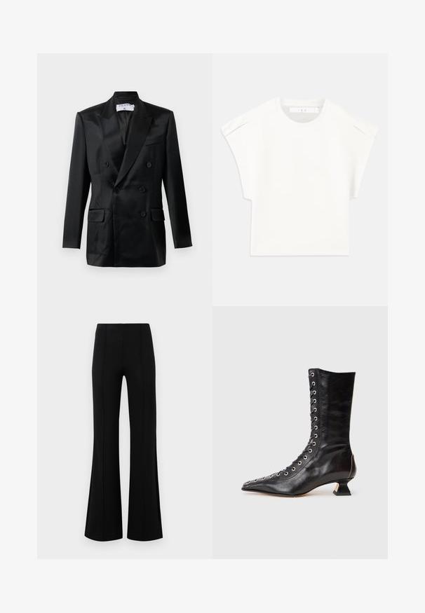 Blazer de satén negro de corte cruzado con solapas en pico, cuatro botones, dos bolsillos con solapa y un bolsillo en el pecho, etiquetado "Filippa K."; Camiseta blanca de corte cuadrado con mangas cortas. Fabricada con un tejido suave, presenta un escote redondo y sutiles acentos en los hombros. Diseño sencillo.; Pantalones acampanados negros de cintura alta, fabricados en tejido elástico. Presentan detalles de costura vertical en la parte delantera y una textura suave.; Botín de cuero negro hasta el tobillo con punta afilada, cordones en la parte delantera, ojetes metálicos, tacón bajo y un diseño elegante. Textura suave, silueta moderna.