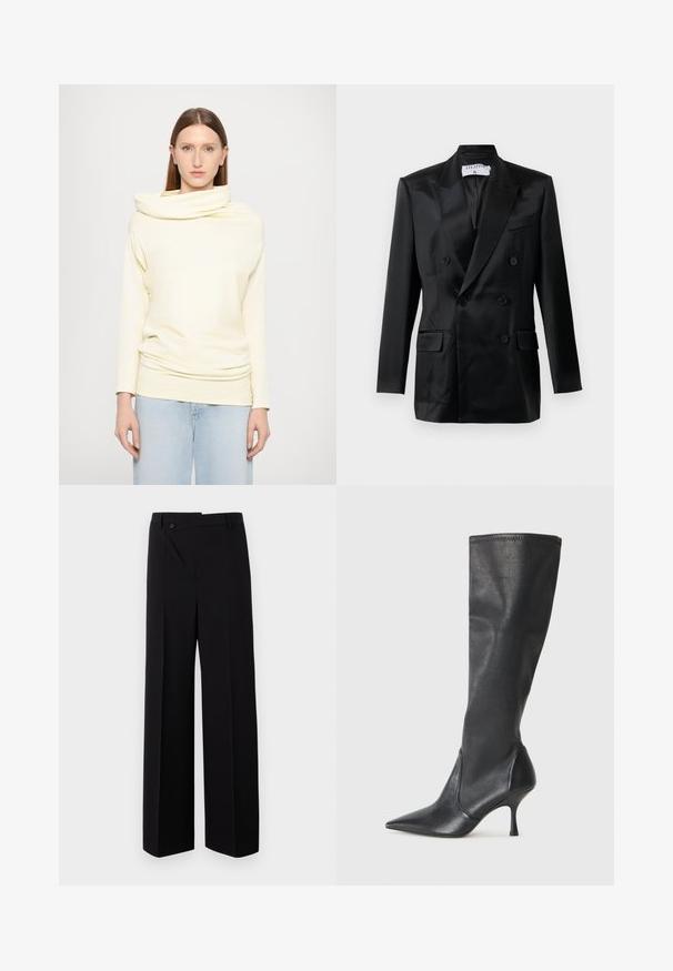 Zwarte satijnen dubbelbreasted blazer met puntsla lapels, vier knopen, twee klepzakken en een borstzak, gelabeld "Filippa K."; Langemouwen, coltrui in zachte lichtgele stof, met een relaxed fit en een gedrapeerd ontwerp, gecombineerd met lichtblauwe spijkerbroek.; Zwarte wijde broek met een rechte voorkant, knoopsluiting en een gladde stoftextuur. Heeft een rechte snit en strakke lijnen.; Kniehoge zwarte leren laarzen met een spitse neus en een slanke stilettohak. Glad textuur met een aansluitend ontwerp en stiksels aan de bovenrand.