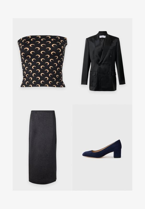 Sort satin dobbeltbrystet blazer med spidse klapkraver, fire knapper, to klaplommer og en brystlomme, mærket "Filippa K."; Sort strapless top lavet af strækbart stof, med et gentaget mønster af halvmåner i en lys beige farve over overfladen.; Sort midi-nederdel med en krøllet tekstur, lige snit og sideslids. Materialet virker let. Kantene er let afrundede.; Marinblå ruskinds pumps med spids tå og en mellemstor blokhæl. Glat tekstur med en subtil glans og et lille udskæringer foran.