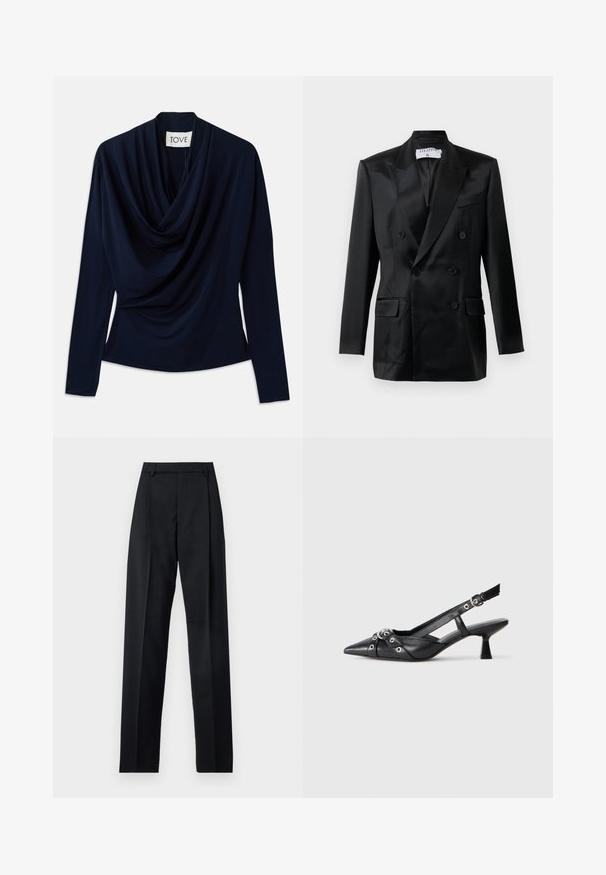 Black satin double-breasted blazer with peaked lapels, four buttons, two flap pockets, and a chest welt pocket, labeled "Filippa K."; Navy blue long-sleeve top with draped neckline, made of soft fabric. Features a fitted silhouette and minimal design. Brand label visible.; Black trousers made from smooth fabric featuring a high waist, wide legs, front pleats, and classic belt loops. No side pockets visible.; Black leather slingback shoe with a pointed toe, decorative straps featuring metal eyelets, and a low block heel. Textured surface.