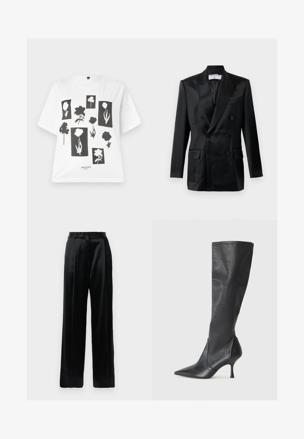 Black satin double-breasted blazer with peaked lapels, four buttons, two flap pockets, and a chest welt pocket, labeled "Filippa K."; White short-sleeve t-shirt featuring a black floral print design with various flower shapes on rectangular backgrounds. Text at the bottom reads "WEEKEND."; Black high-waist satin trousers with straight wide legs, belt loops, and a flat front closure against a plain white background.; Knee-high black leather boots with a pointed toe and a slim stiletto heel. Smooth texture with a fitted design and stitching at the top edge.