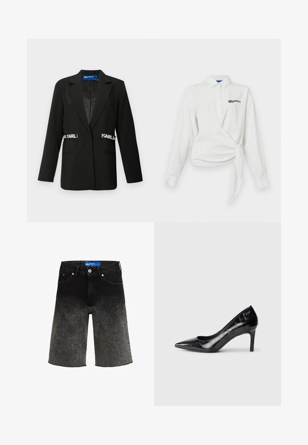 Black blazer with a tailored fit, single-button closure, two front pockets, and "Karl" logo accents on the sides. Smooth fabric texture.; White long-sleeve shirt with a wrap design, button placket, pointed collar, and embroidered black logo on the chest. Smooth cotton texture.; Black denim shorts with a gradient fade from dark to light. Features a frayed hem, two front pockets, and a branded blue label on the waistband.; Black pointed-toe high heels with a glossy finish and subtle textured pattern. Features a moderate heel and open throat design.