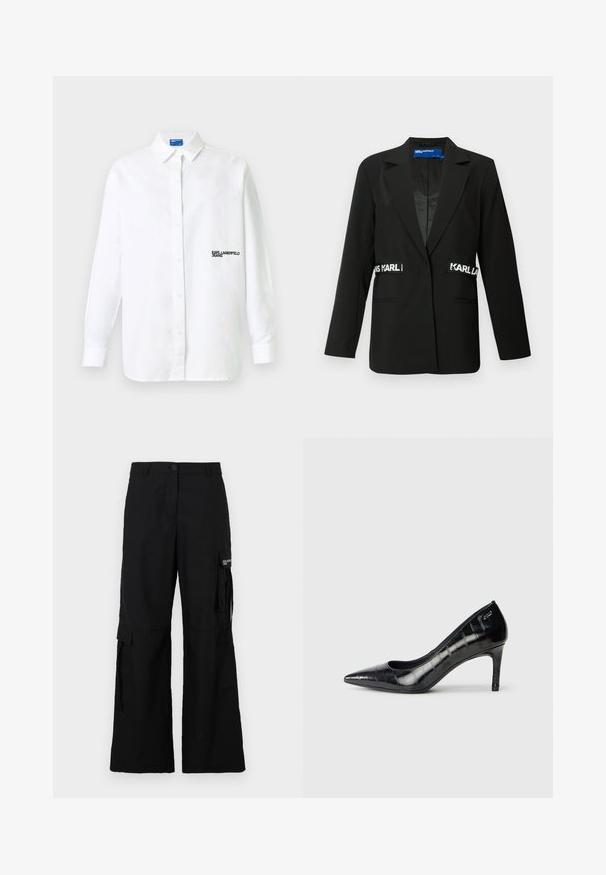 Czarna marynarka o dopasowanym kroju, z pojedynczym zapięciem na guzik, dwoma przednimi kieszeniami i akcentami logo "Karl" po bokach. Gładka faktura tkaniny.; Biała koszula na długi rękaw z kołnierzykiem i czarnym napisem "KARL LAGERFELD JEANS" na lewej piersi.; Czarne spodnie cargo o szerokiej nogawce, wyposażone w boczne kieszenie, z zapięciem na guzik, wykonane z lekkiego materiału.; Czarne szpilki z ostrym noskiem, o błyszczącej powierzchni i subtelnym wzorze tekstury. Posiadają umiarkowaną wysokość obcasa oraz otwarty dekolt.