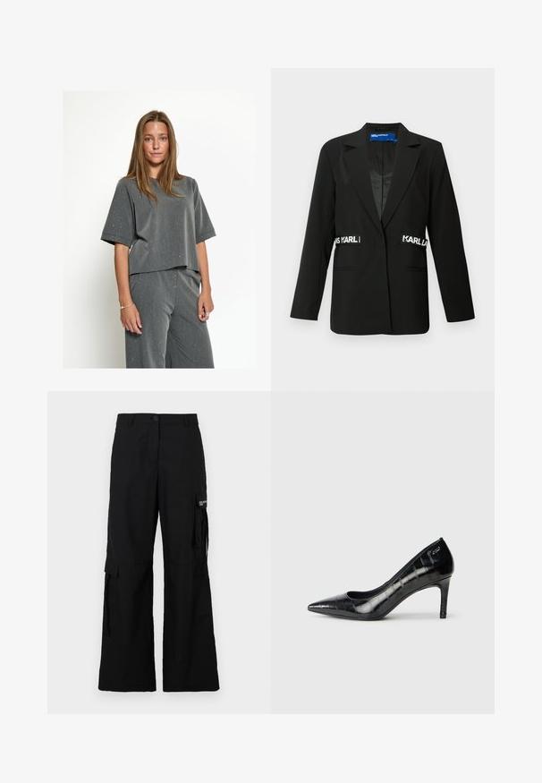 Zwarte blazer met een slim-fit ontwerp, enkele knoopsluiting, twee voorzakken en "Karl" logo-accenten aan de zijkanten. Soepele stoftextuur.; Grijze cropped t-shirt met een ronde halslijn, korte mouwen en een textuurstof met verspreide witte stippen. Gecombineerd met bijpassende losse broek.; Zwarte cargobroek met een wijd broekspijpdesign, voorzien van zijzakken, een knoopsluiting en gemaakt van een lichtgewicht stof.; Zwarte puntige hoge hakken met een glanzende afwerking en een subtiel textuurpatroon. Beschikt over een gematigde hak en een open halsontwerp.