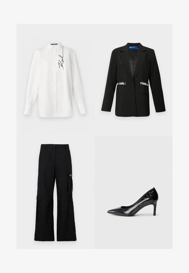 Black blazer with a tailored fit, single-button closure, two front pockets, and "Karl" logo accents on the sides. Smooth fabric texture.; White long-sleeve shirt made of cotton, featuring a front pocket and black embroidered signature on the left side. Classic collar and button closure.; Black cargo trousers with a wide leg design, featuring side pockets, a button closure, and made from a lightweight fabric.; Black pointed-toe high heels with a glossy finish and subtle textured pattern. Features a moderate heel and open throat design.