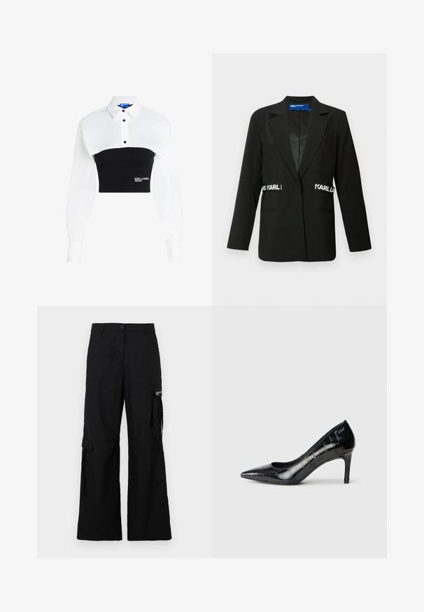 Čierny blejzer s prispôsobeným strihom, jednoposuvné zapínanie, dve predné vrecká a akcenty loga "Karl" na stranách. Hladká textúra látky.; Zastrihnutá košeľa s bielym golierom a čiernym priliehavým spodkom, s detailmi na gombíky a logom "KARL LAGERFELD JEANS" na prednej strane.; Čierne cargo nohavice so širokým strihom, s bočnými vreckami, zapínaním na gombík a vyrobené z ľahkého materiálu.; Čierne lodičky so špicatou špičkou, lesklým povrchom a jemným textúrovaným vzorom. Majú mierne vysoký opätok a otvorený dizajn.